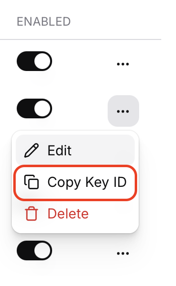 ElevenLabs API key menu showing Copy Key ID option